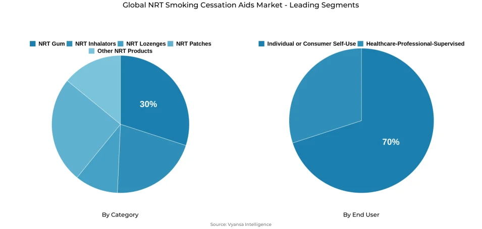 Pie chart showing global nrt smoking cessation aids market segmentation by category and end user