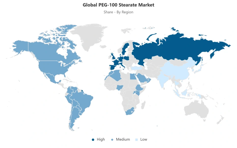 World map showing regional distribution of the global peg-100 stearate market