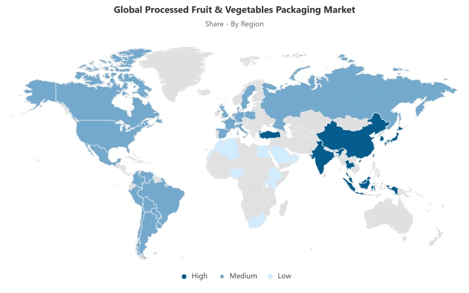 World map showing regional distribution of the global processed fruit & vegetables packaging market