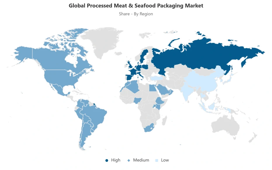 World map showing regional distribution of the global processed meat & seafood packaging market