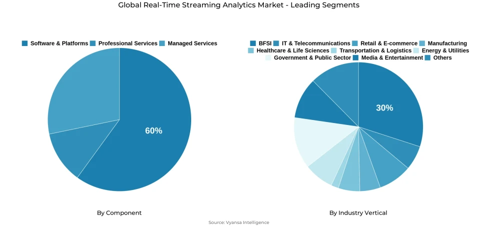 Pie chart showing global real-time streaming analytics market segmentation by component and industry vertical
