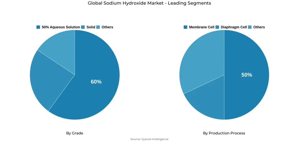 Pie chart showing global sodium hydroxide market segmentation by grade and production process