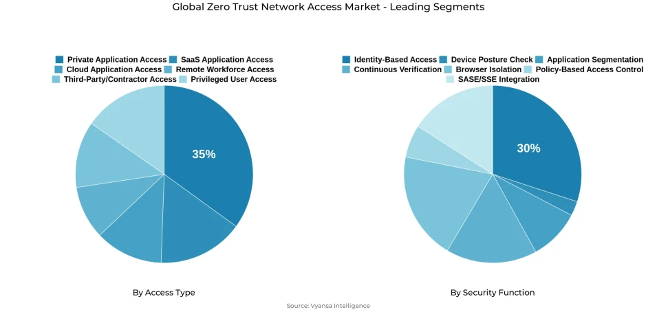 Global zero trust network access market segmentation overview Pie chart showing global zero trust network access market segmentation by access type and security function