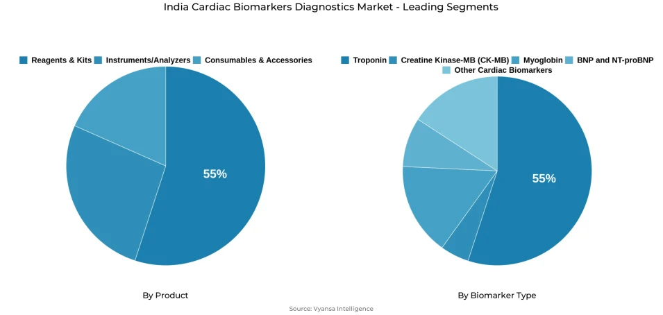 India cardiac biomarkers diagnostics market segmentation overview Pie chart showing India cardiac biomarkers diagnostics market segmentation by product and biomarker type