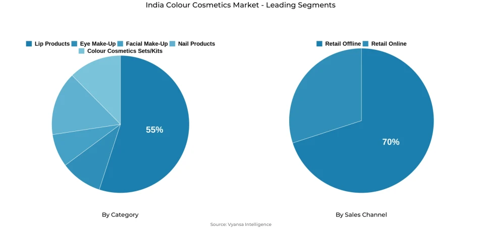 Pie chart showing India colour cosmetics market segmentation by category and sales channel