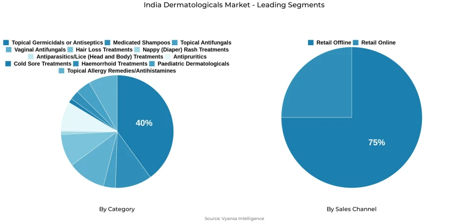 Pie chart showing India dermatologicals market segmentation by category and sales channel