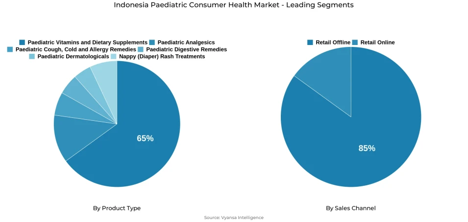 Pie chart showing Indonesia paediatric consumer health market segmentation by product type and sales channel