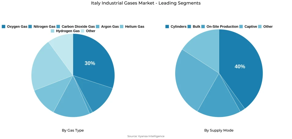 Pie chart showing Italy industrial gases market segmentation by gas type and supply mode