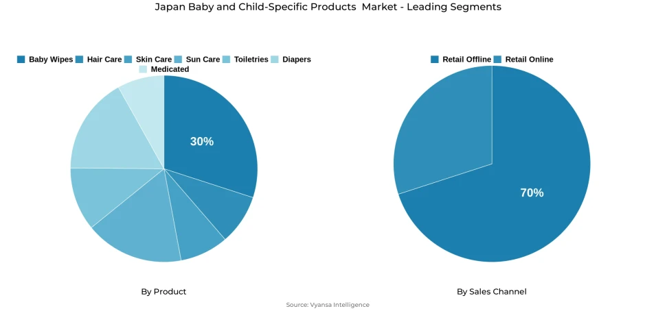 Japan baby and child-specific products market segmentation overview Pie chart showing Japan baby and child-specific products market segmentation by product and sales channel