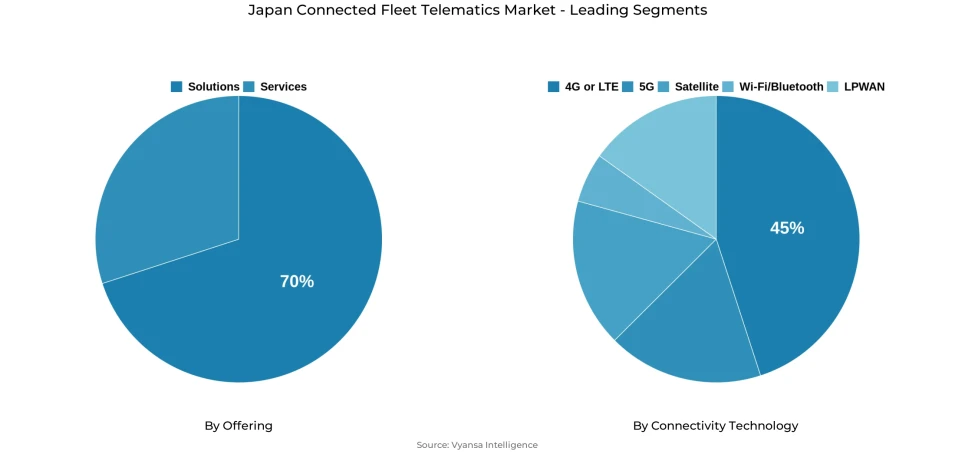 Japan connected fleet telematics market segmentation overview Pie chart showing Japan connected fleet telematics market segmentation by offering and connectivity technology