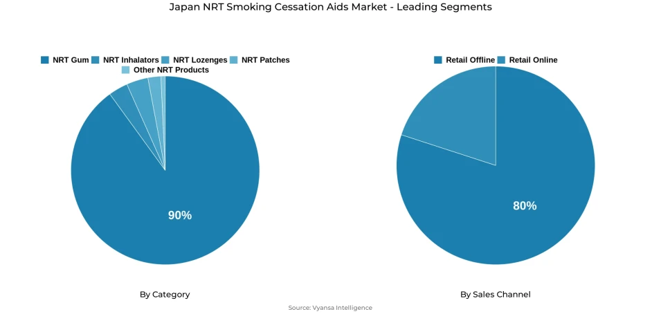 Japan nrt smoking cessation aids market segmentation overview Pie chart showing Japan nrt smoking cessation aids market segmentation by category and sales channel