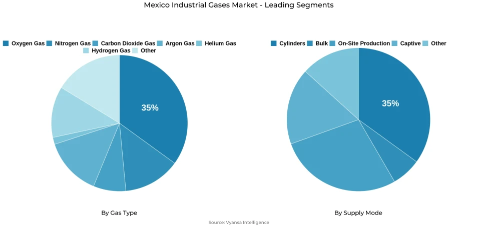 Pie chart showing Mexico industrial gases market segmentation by gas type and supply mode