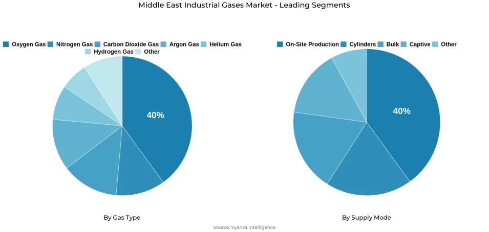 Pie chart showing Middle East industrial gases market segmentation by gas type and supply mode