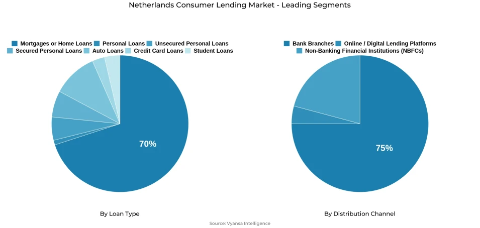 Pie chart showing Netherlands consumer lending market segmentation by loan type and distribution channel