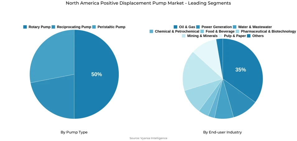 Pie chart showing North America positive displacement pump market segmentation by pump type and end-user industry
