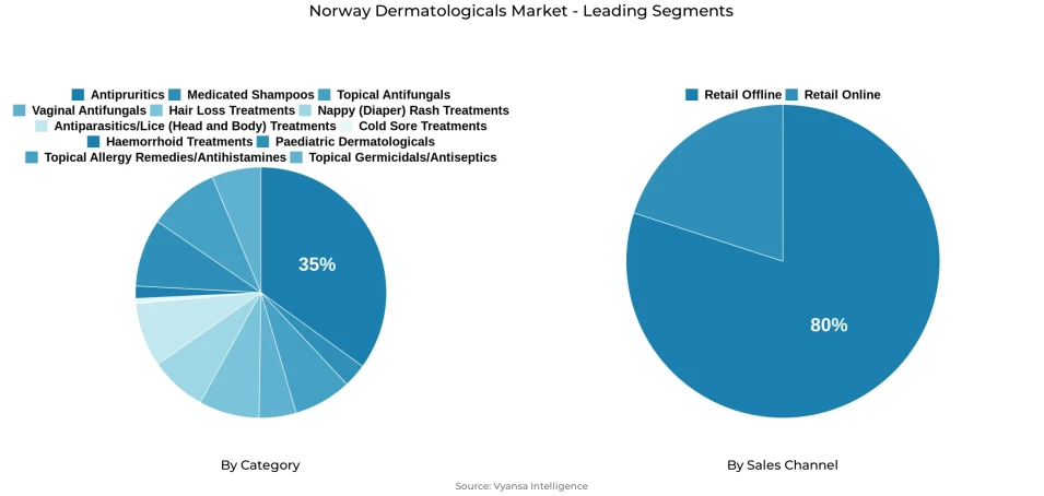 Pie chart showing Norway dermatologicals market segmentation by category and sales channel