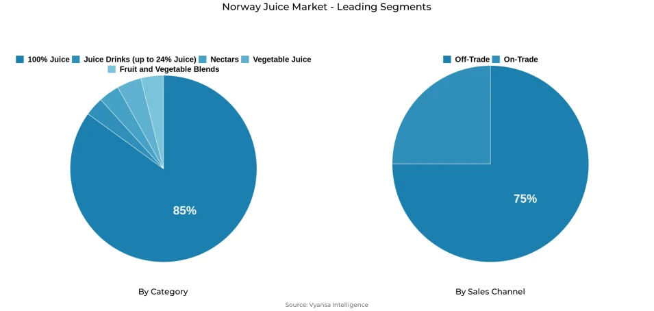 Pie chart showing Norway juice market segmentation by category and sales channel