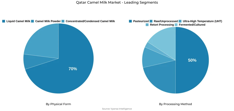 Pie chart showing Qatar camel milk market segmentation by physical form and processing method
