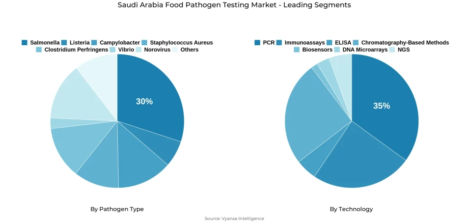 Saudi Arabia food pathogen testing market segmentation overview Pie chart showing Saudi Arabia food pathogen testing market segmentation by pathogen type and technology