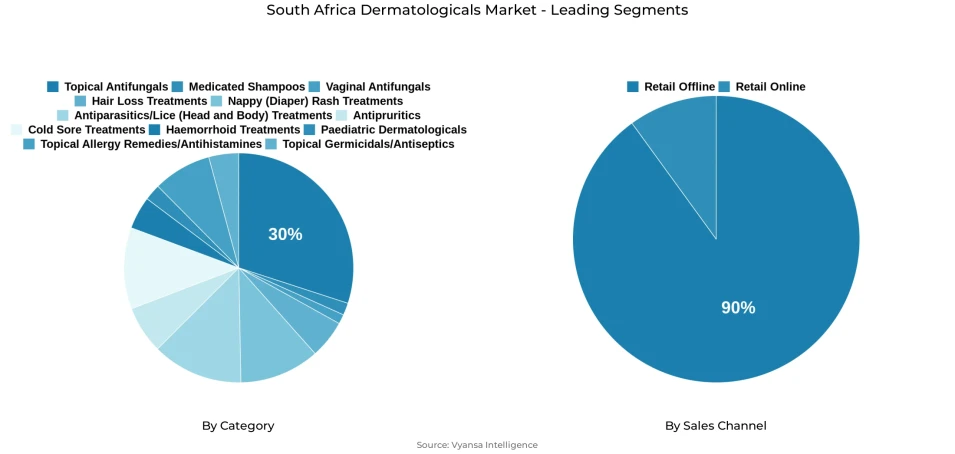 Pie chart showing South Africa dermatologicals market segmentation by category and sales channel
