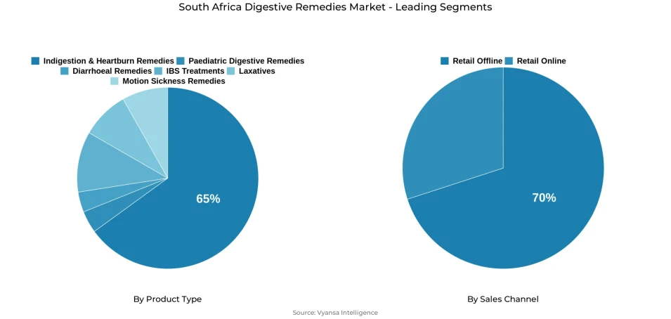 Pie chart showing South Africa digestive remedies market segmentation by product type and sales channel
