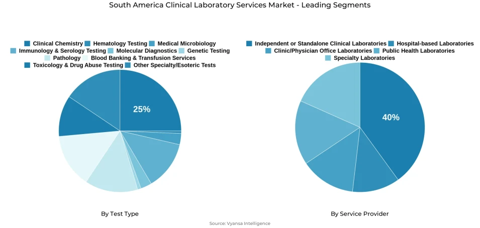 Pie chart showing South America clinical laboratory services market segmentation by test type and service provider