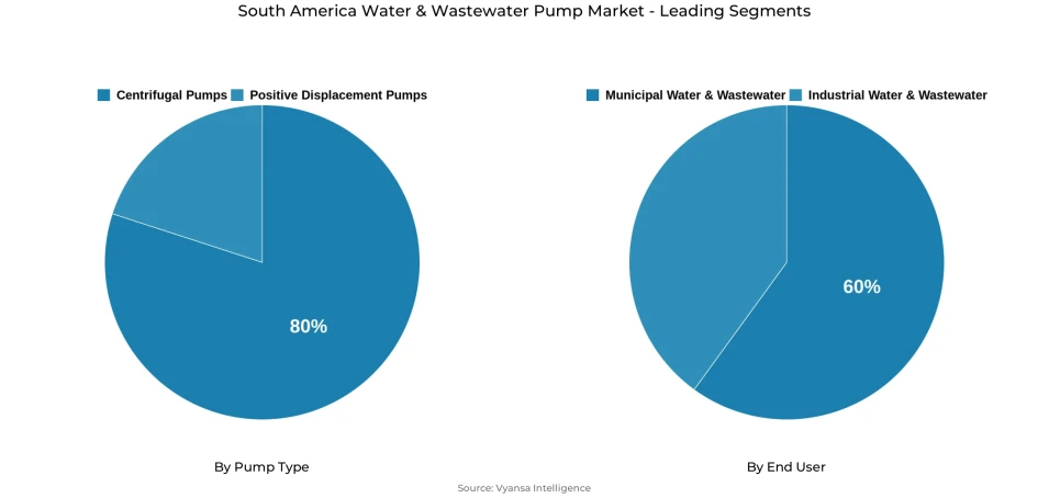 Pie chart showing South America water & wastewater pump market segmentation by pump type and end user