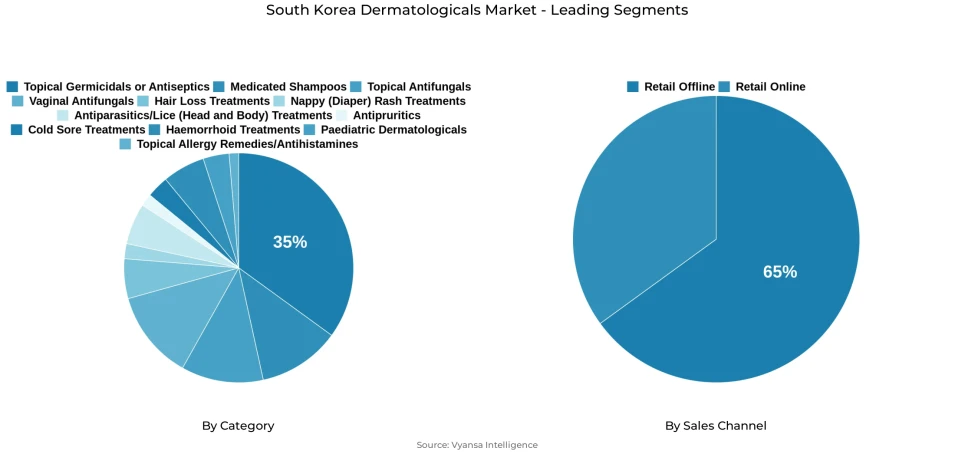 Pie chart showing South Korea dermatologicals market segmentation by category and sales channel