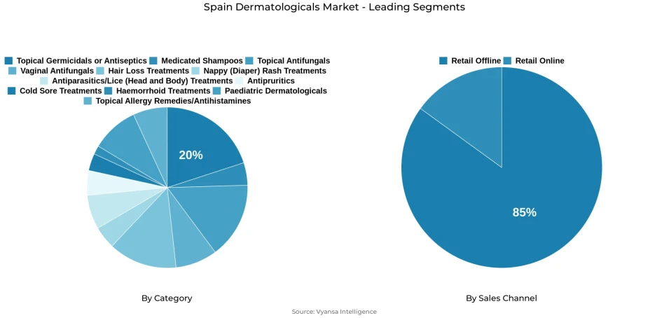 Pie chart showing Spain dermatologicals market segmentation by category and sales channel