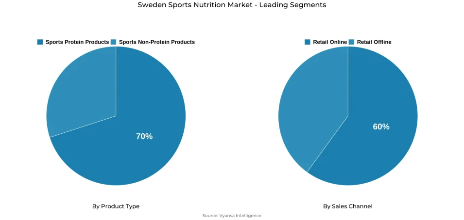 Sweden sports nutrition market segmentation overview Pie chart showing Sweden sports nutrition market segmentation by product type and sales channel