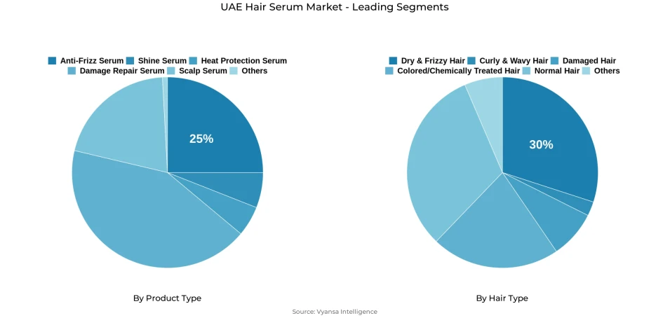 Pie chart showing UAE hair serum market segmentation by product type and hair type
