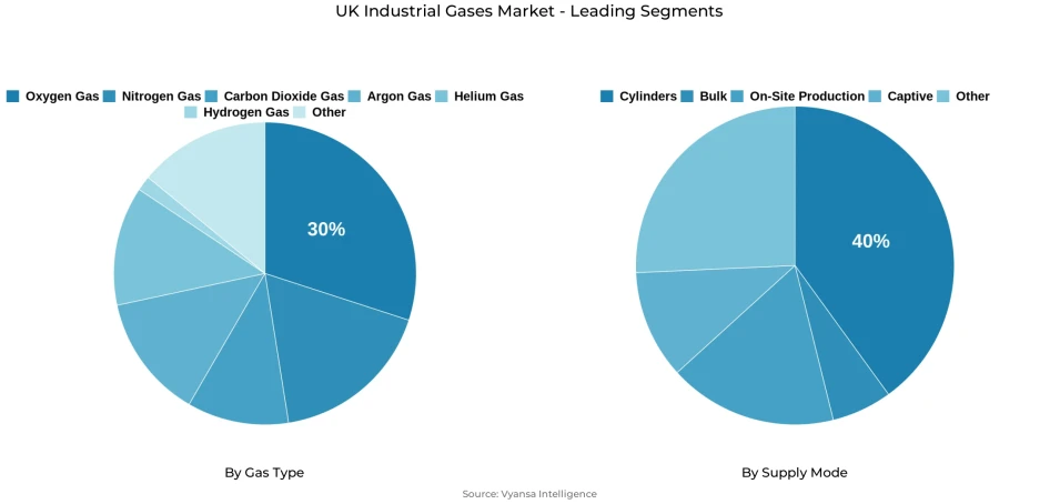 Pie chart showing UK industrial gases market segmentation by gas type and supply mode