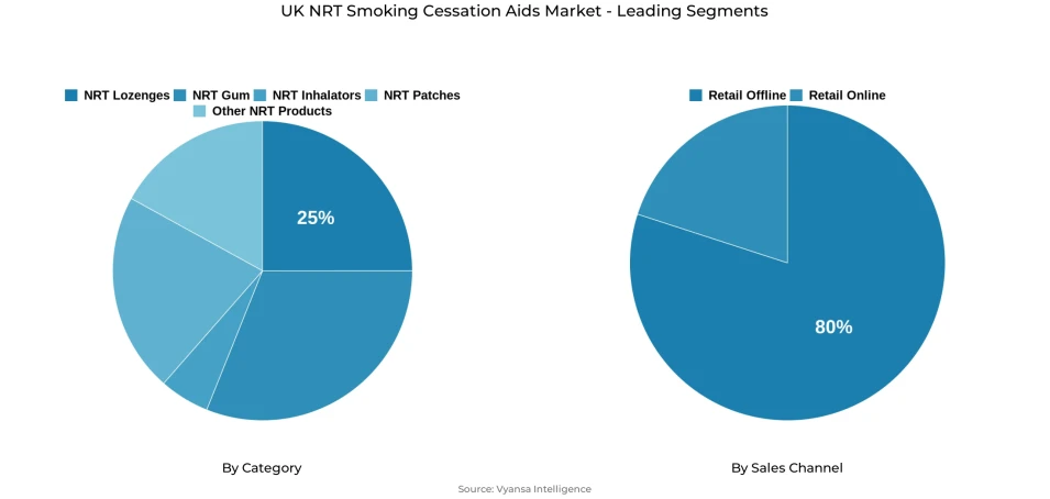 Pie chart showing UK nrt smoking cessation aids market segmentation by category and sales channel