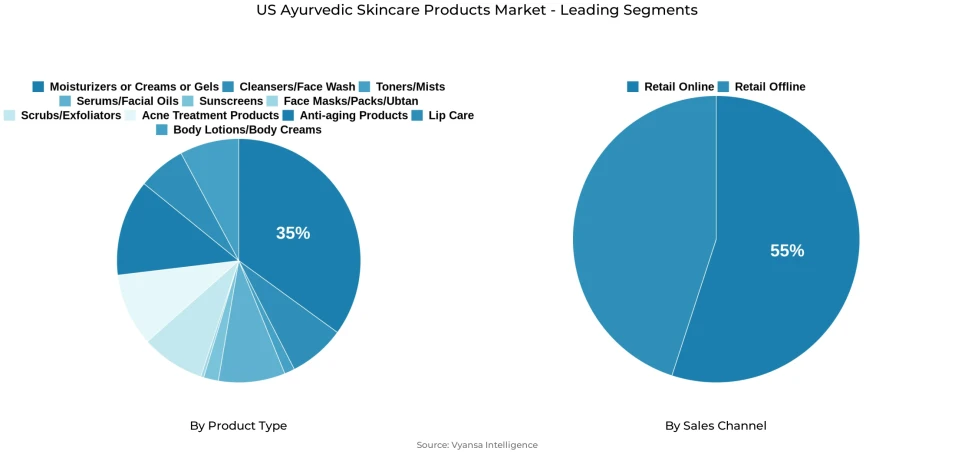 Pie chart showing US ayurvedic skincare products market segmentation by product type and sales channel