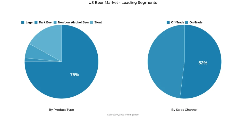 Pie chart showing US beer market segmentation by product type and sales channel