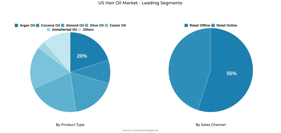 Pie chart showing US hair oil market segmentation by product type and sales channel