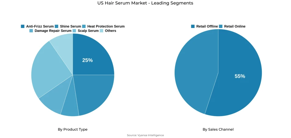 Pie chart showing US hair serum market segmentation by product type and sales channel