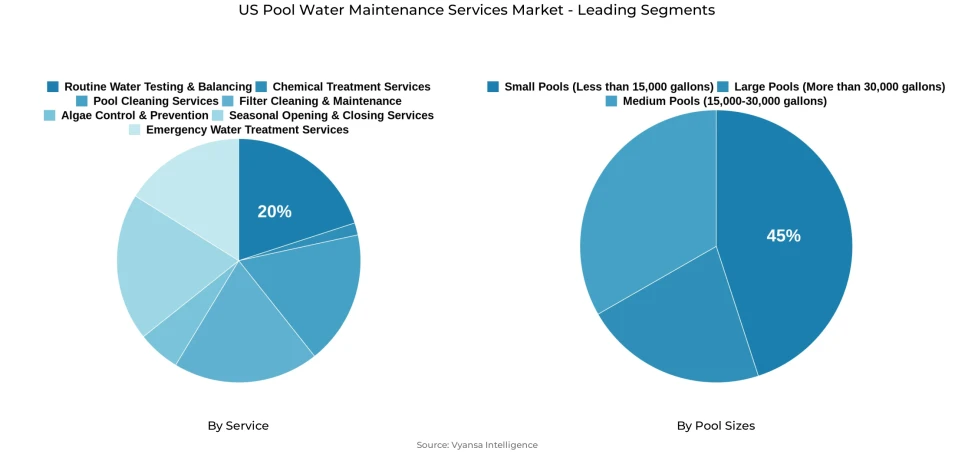 Pie chart showing US pool water maintenance services market segmentation by service and pool sizes