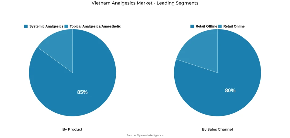 Pie chart showing Vietnam analgesics market segmentation by product and sales channel