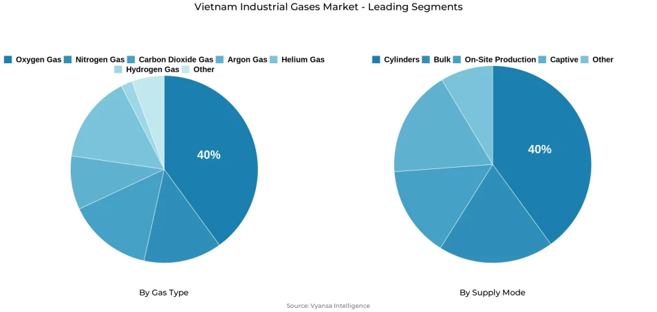 Pie chart showing Vietnam industrial gases market segmentation by gas type and supply mode