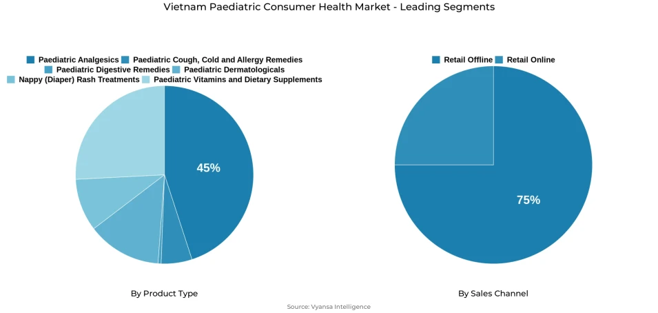 Pie chart showing Vietnam paediatric consumer health market segmentation by product type and sales channel